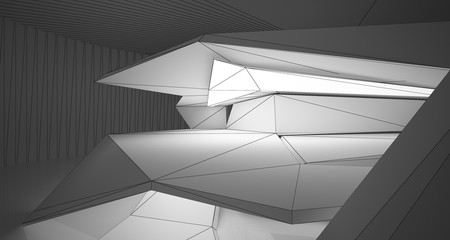 Abstract architectural white interior of a minimalist house with neon lighting. Drawing. 3D illustration and rendering.