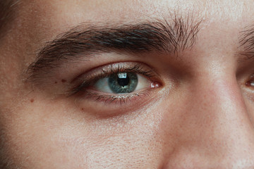 Close-up portrait of young man isolated on grey studio background. Caucasian male model's face and...