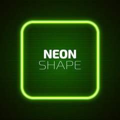 Realistic 3d neon frame on brick wall background. 80s Style lamp. Glowing and shining night club sign. Green electric rectangle. Vector illustration