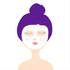 Young girl with cosmetic cloth face mask. girl with eyes closed.