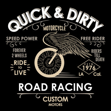 Motorcycle Biker fashion Typography, winged wheel t-shirt t-shirt apparel stamp. Hipster retro badge. Vector