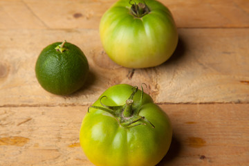 Tomate verde y naranja verde, les falta maduración. 