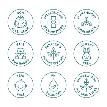 Vector set of design elements, logo design templates, icons and badges for natural and organic cosmetics and skincare for babies in trendy linear style - safe for newborns products
