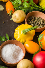 Fresh summer vegetables on the kitchen table. For an article on nutrition or for a recipe.