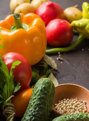 Fresh summer vegetables on the kitchen table. For an article on nutrition or for a recipe.