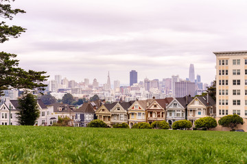 Painted ladies houses and San Francisco downtown on horizon.