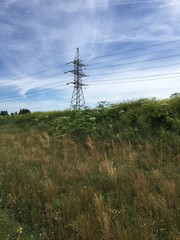 electricity pylons in field