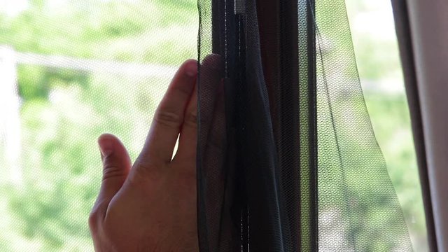 Male Hands Install Mosquito Net On Window, Malaria Prevention CLOSEUP