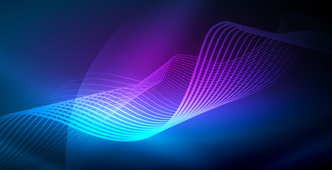 Glowing abstract wave on dark, shiny motion, magic space light. Vector techno abstract background