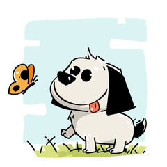 Cute Little Puppy Chasing A Butterfly