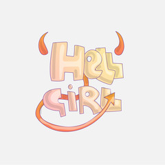 Cute cartoon Hell Girl lettering with evil tail, horns. Disobedient little princess, cute hell girl, bad girl lettering cartoon concept evil horns and tail. Bad girl lettering concept