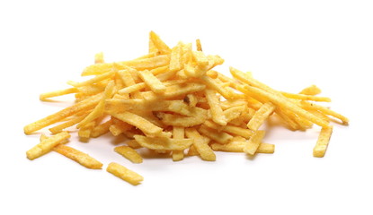 Tomato flavored potato chip sticks isolated on white background