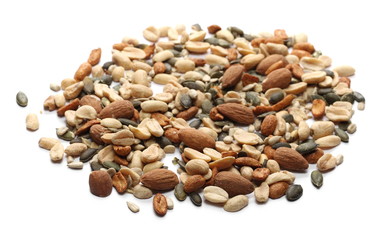 Healthy food mix of salted and spicy peanuts, sunflower and pumpkin seeds, almonds isolated on white background