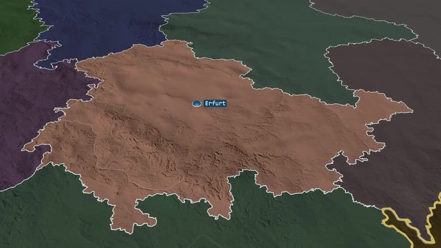 Thuringen - state of Germany with its capital zoomed on the administrative map of the globe. Animation 3D