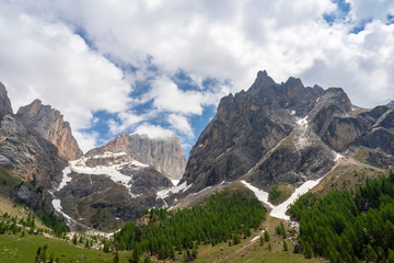 Fototapeta na wymiar Beautiful summer view of Marmolada massif from Val Rosalia , Dolomites, Italy.