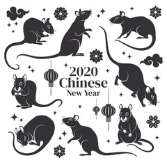 Rats collection. Vector illustration of rats black silhouettes in various poses and actions. Isolated on white.