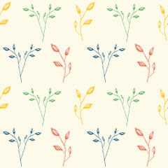 Delicate hand drawn vintage inspired foliage in red, green and blue. Seamless geometric vector pattern on cream background. Great for wellness, beauty,home decor, packaging, fabric, stationery