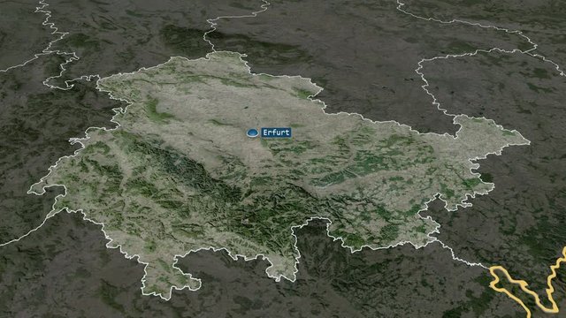 Thuringen - state of Germany with its capital zoomed on the satellite map of the globe. Animation 3D