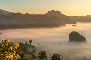 Mountain views and beautiful Mist of Phu Langka National Park, Thailand