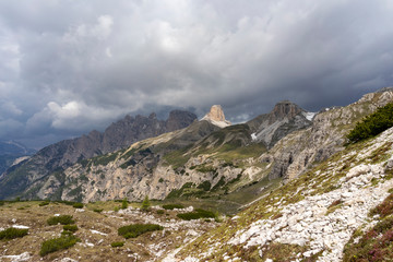 Sky before the storm.  Trail around Tre Cime di Lavaredo. Dolomites. Italy.