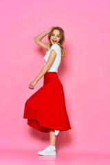 joyful woman on pink background style