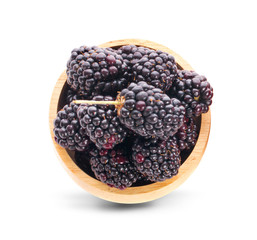 blackberry  in wooden bowl isolated on white background. Top view.