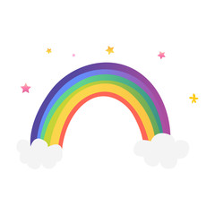 Cute colorful rainbow with clouds and stars.