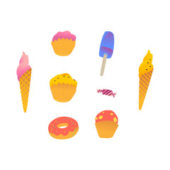 Sweet-stuffs set with ice cream and cupcake and candy and donut cartoon style
