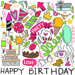 hand drawn party doodle happy birthday Ornaments background pattern Vector illustration
