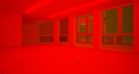 Abstract architectural concrete and coquina interior of a minimalist house with color gradient neon lighting. 3D illustration and rendering.