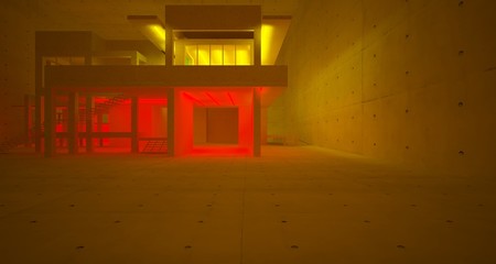 Abstract architectural concrete and coquina interior of a minimalist house with color gradient neon lighting. 3D illustration and rendering.