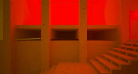 Abstract architectural concrete and coquina interior of a minimalist house with color gradient neon lighting. 3D illustration and rendering.