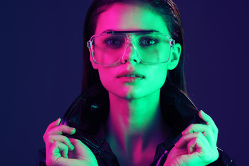 woman in glasses neon style