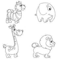 set of doodle hand-drawn african animals zebra, elephant, giraffe, lion