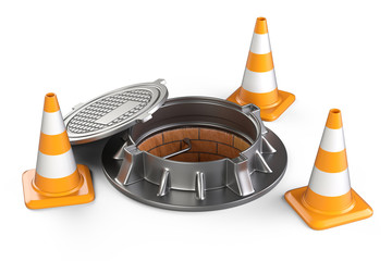 Open manhole and traffic cones. - obrazy, fototapety, plakaty