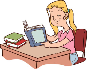 An Illustration of a Kid Reading a Book against white background