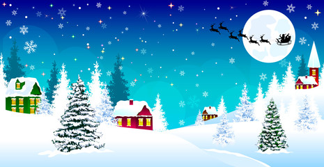 Christmas winter village night snow Santa. Winter rural landscape. The night eve Christmas. Village, snow, forest. Shining stars and snowflakes in the night sky. Santa on a sleigh on the background of