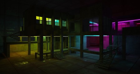 Abstract architectural concrete and black interior of a minimalist house with color gradient neon lighting. 3D illustration and rendering.