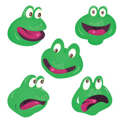 Vector set of cute green smilling frog faces isolated on white background