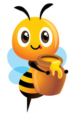 Cartoon cute bee holds a big honey pot. Fresh organic honey - Vector illustration isolated