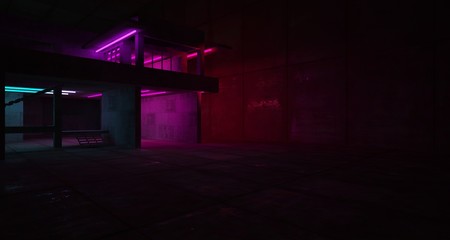 Abstract architectural concrete and black interior of a minimalist house with color gradient neon lighting. 3D illustration and rendering.