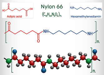 Nylon 66 or nylon molecule. It is plastic polymer. Structural chemical formula and molecule model
