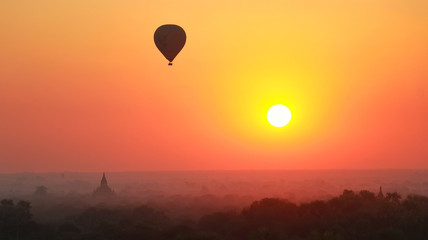 Hot air balloon in the sunset of Bagan Myanmar
