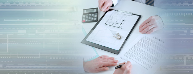 Obraz premium Client signing a real estate contract (Lorem Ipsum Text); panoramic banner