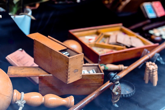 Antique shop in paris. Different antique items. The decor and interior in the old style.