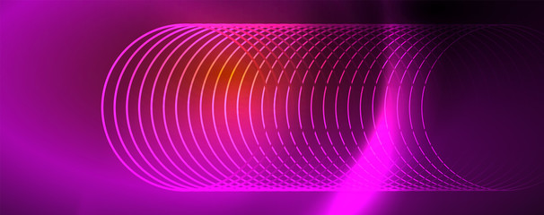 Bright neon circles and wave lines, glowing shiny background design template, digital techno concept.