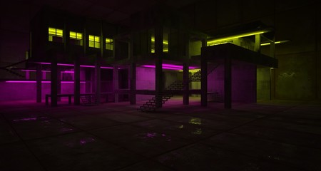 Abstract architectural concrete and black interior of a minimalist house with color gradient neon lighting. 3D illustration and rendering.