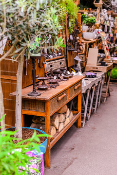 Antique bazaar in Paris in the old center. Tourism and travel in evroppe. Flowers and vintage.