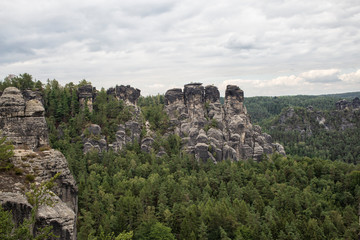 Fototapeta na wymiar Rock formations at the Bastei in the Saxon Switzerland region in Germany