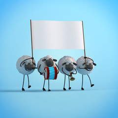 3d illustration four walking cute cartoon sheeps with empty banner on blue background